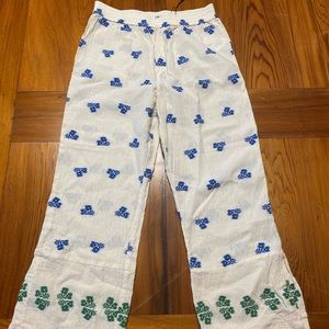 Zara Lounge/Beach Pants Cream with Blue/Green embroidery like flowers